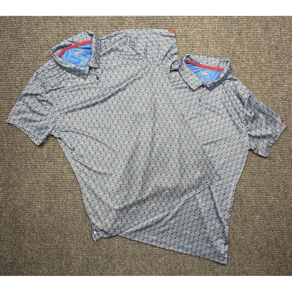 Sonic Polo Shirt Men Large Set of 2 Blue Performance Allover Print Live Free Eat